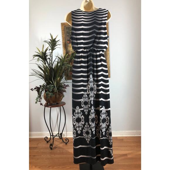 Style and Co Maxi Dress Womens PM Black White Sleeveless Striped Boho Print - Picture 4 of 9
